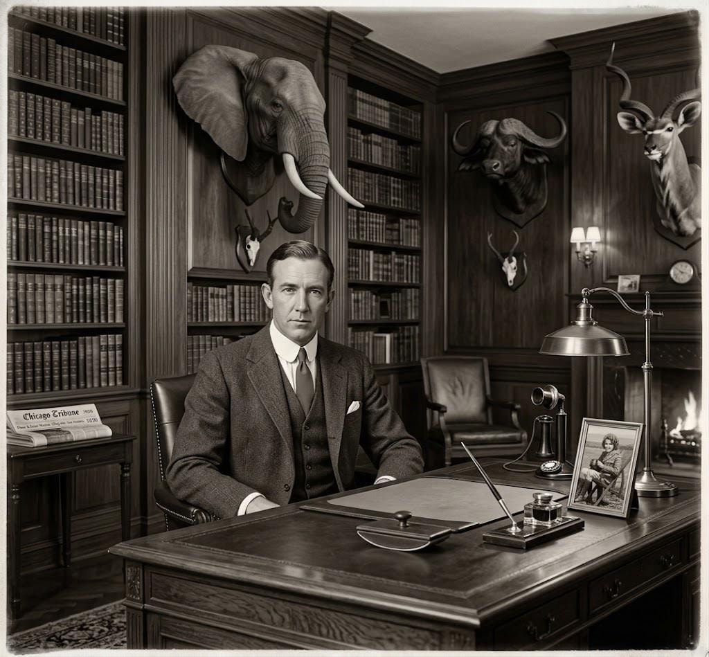Professor Jonathan Rivers seated at his mahogany desk in his Chicago study, elephant mount above, surrounded by African trophies and bookshelves