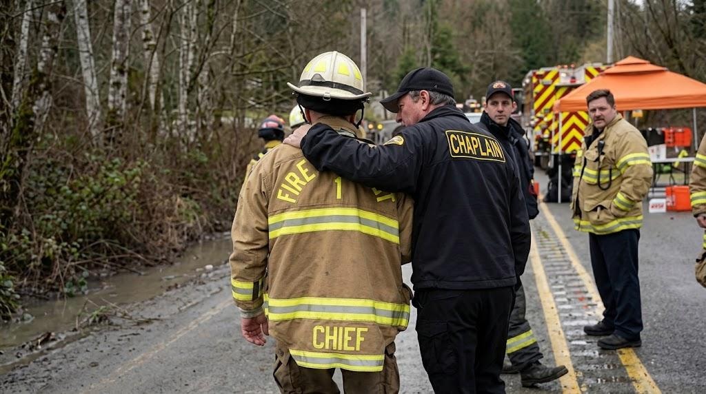 Mike Neil in Chaplain jacket walking alongside a Fire Chief at an emergency scene