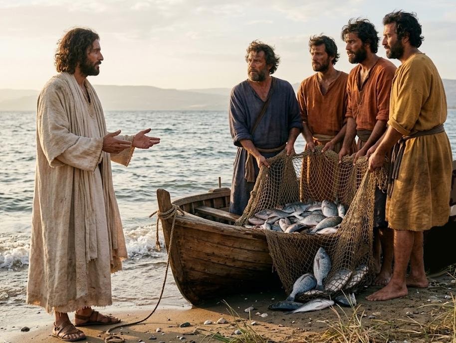 Jesus speaking to his first disciples by the boat with nets full of fish