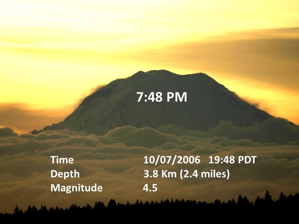 Mt. Rainier at sunset with earthquake data overlay — 7:48 PM, October 7, 2006