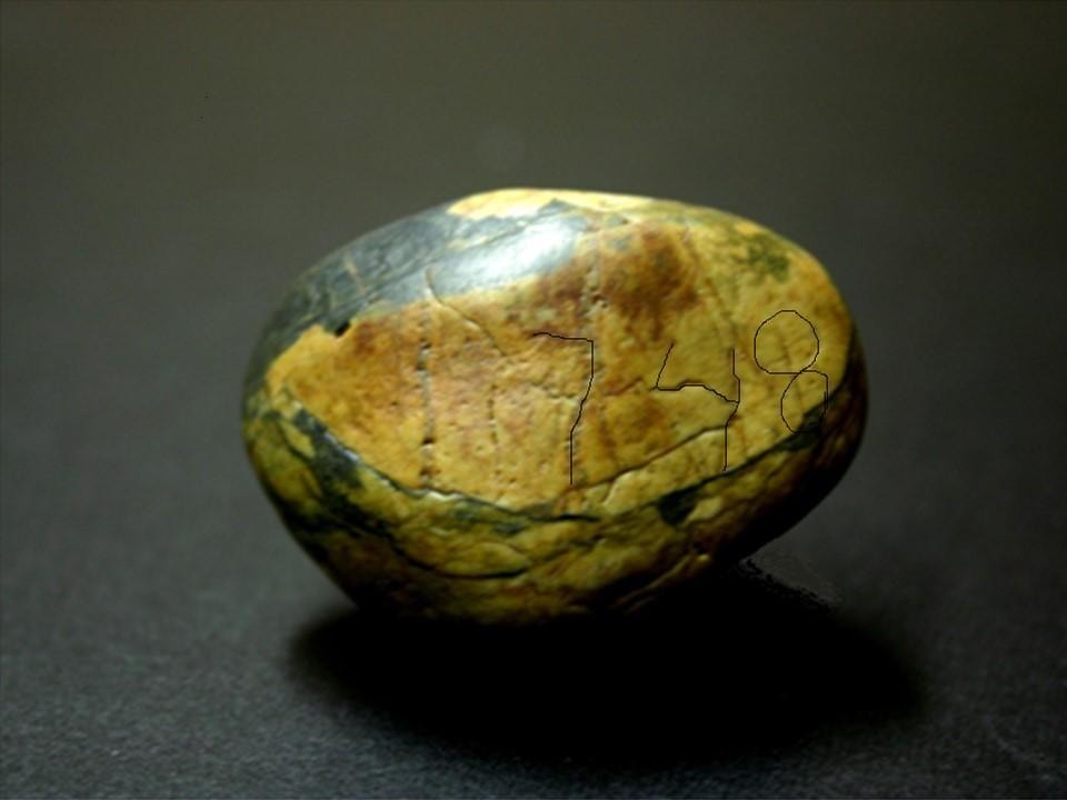 The rock with 748 outlined in the natural markings on its surface